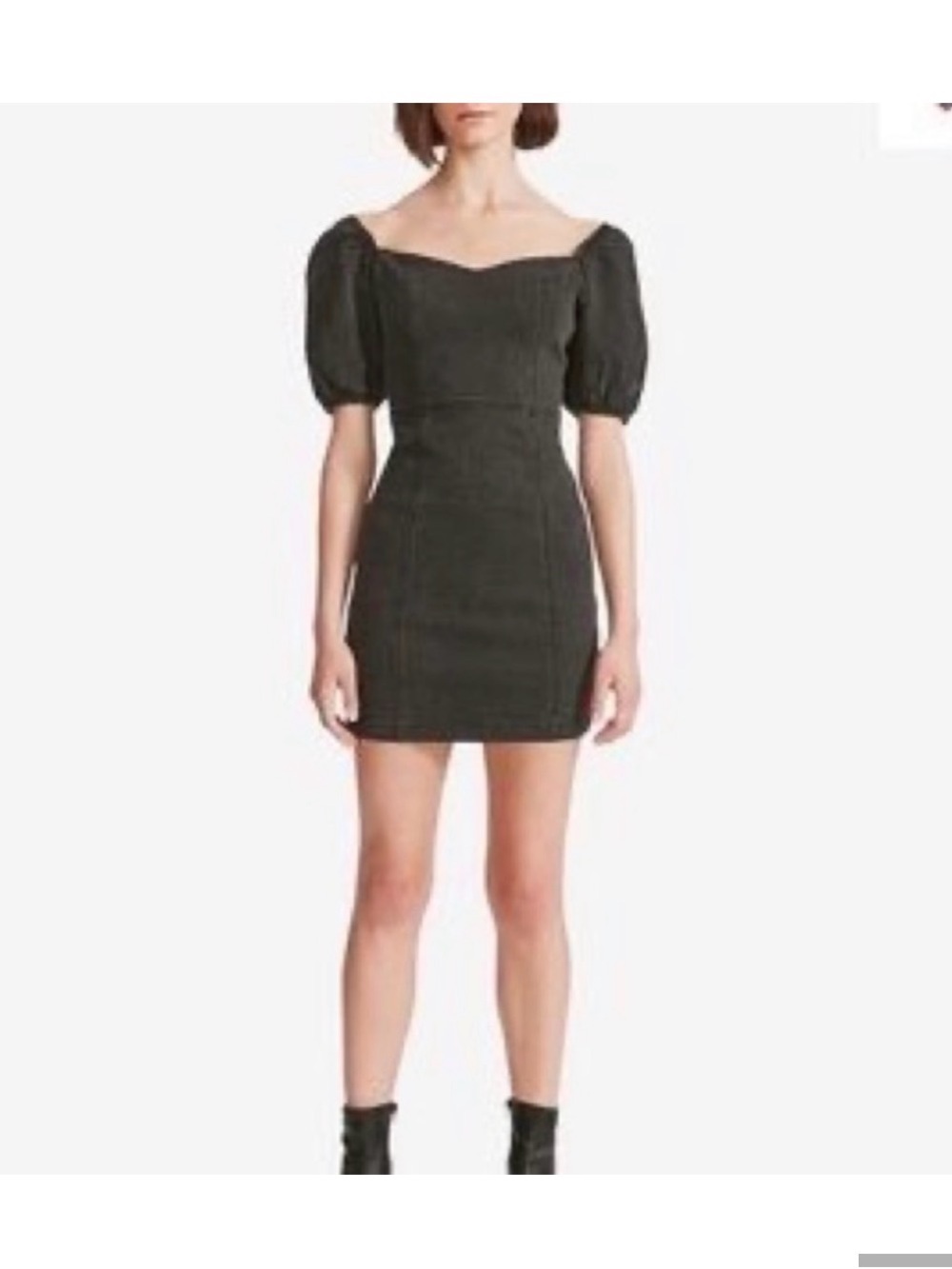 Madden Girl Black Puff-Sleeve Sweetheart Mini Denim Dress